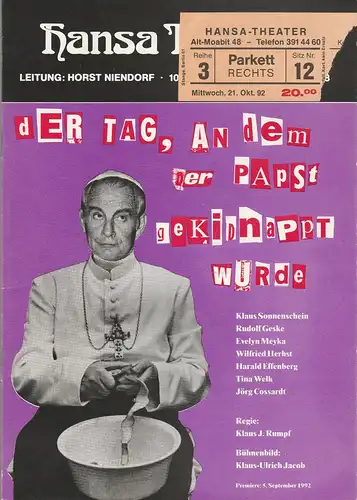 Hansa-Theater Berlin, H. Kiesbauer: Programmheft Jao Bethencourt DER TAG AN DEM DER PAPST GEKIDNAPT WURDE Premiere 5. September 1992 Heft 36. 