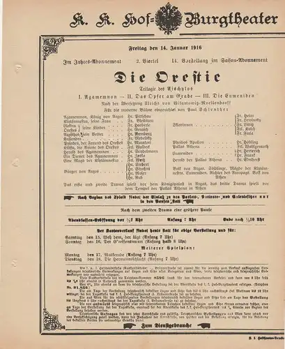 k. k. Hof = Burgtheater Wien: Theaterzettel DIE ORESTIE Trilogie des Aischylos 14. Januar 1916 k. k. Hof = Burgtheater Wien. 