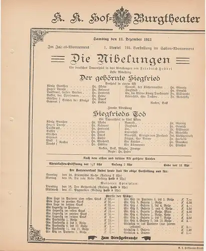 k. k. Hof = Burgtheater Wien: Theaterzettel Friedrich Hebbel DIE NIBELUNGEN 13. Dezember 1913. 