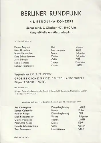 Berliner Rundfunk: Theaterzettel BERLINER RUNDFUNK  43. BEROLINA-KONZERT 2. Oktober 1971 Kongreßhalle am Alexanderplatz. 