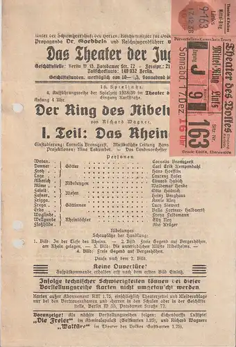 Das Theater der Jugend Berlin: Theaterzettel Richard Wagner DAS RHEINGOLD Spielzeit 1938 / 39. 