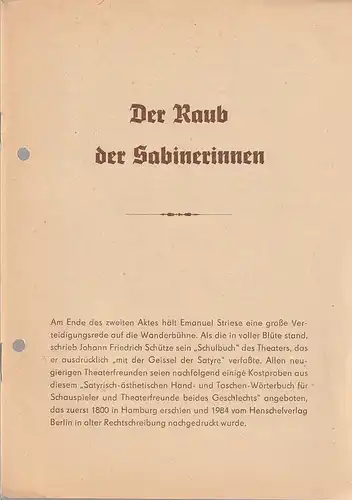 Theater der Stadt Plauen, Klaus Krampe, Günter Wolgast: Programmheft von Schönthan DER RAUB DER SABINERINNEN Premiere 23. Februar 1986 Spielzeit 1985 / 86 Nr. 11. 