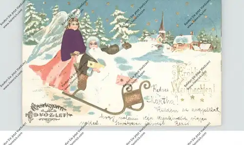 WEIHNACHTEN / NIKOLAUS / WEIHNACHTSMANN / SANTA, Weihnachtsmann mit Engel und Schlitten, Präge-Karte