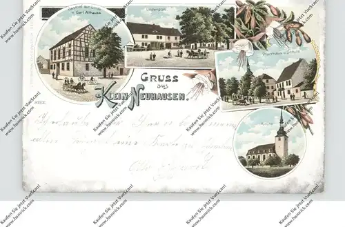 0-5231 KLEINNEUHAUSEN / Kölleda, Lithographie, Gasthof zur Linde, Lindenplatz, Pfarrhaus & Schule, Kirche