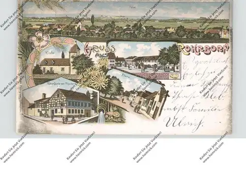 0-5230 SÖMMERDA - ROHRBORN, Lithographie, Gaststätte Kühle Quelle, Kirche, Pfarre, Marktplatz, Dorfansicht