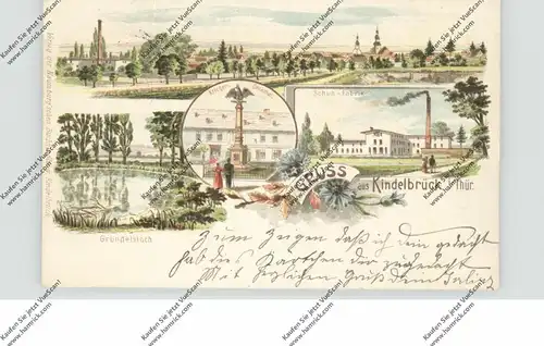 0-5239 KINDELBRÜCK, Lithographie, Schuhfabrik, Kriegerdenkmal, Gründelsloch, Gesamtansicht