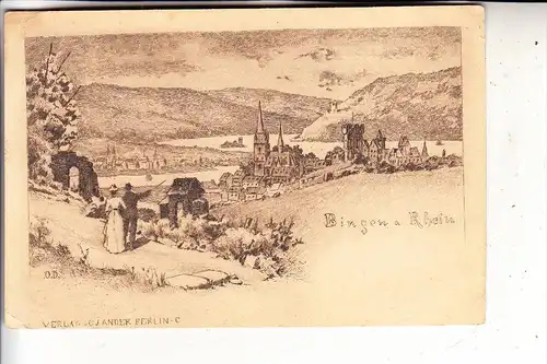 6530 BINGEN, Panorama, Künstler-Karte O.D, Verlag: Jander-Berlin, kl. Knick