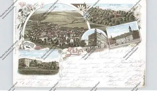 NIEDER - SCHLESIEN - LÄHN/WIEN, Lithographie 1899, Pädagogium, Wasserheilanstalt, Rathaus, Burg Lehnhaus, Gesamtansicht