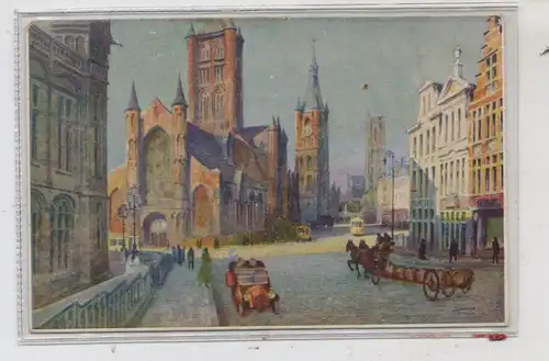 B 9000 GENT,  St. Nicolaas Kerk, Belfort, Sint Baal's Kerk, Aquarel