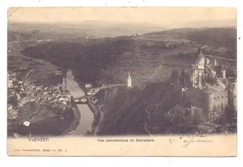 L 9400 VIANDEN, Panorama, 1904, NELS Lux.,, Serie 11, No. 2, Bahnpost Vianden-Diekirch