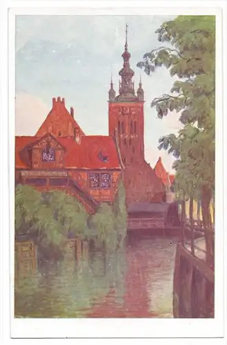 DANZIG, Müllergewerkshaus mit Katharinenkirche, Künstler-Karte Berthold Hellingrath