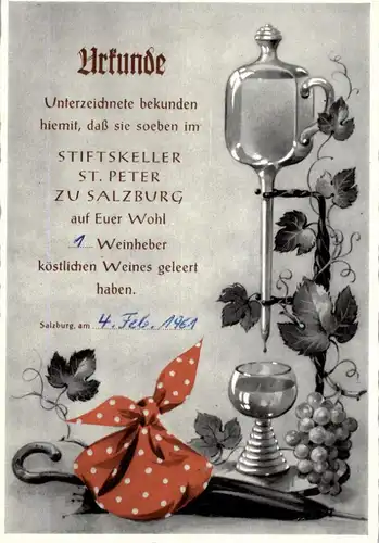 A 5000 SALZBURG, Stiftskeller St. peter, Urkunde über 1 Glas Wein, 1961