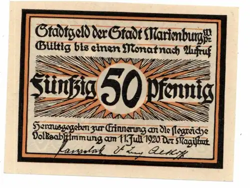 WESTPREUSSEN - MARIENBURG / MALBORK, Notgeld 1920 Volksabstimmung 50 Pfennig