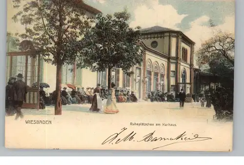6200 WIESBADEN, Ruheplätzchen am Kurhaus, belebte Szene, color, 1905, Verlag Boogaart