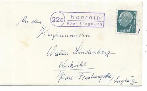 5204 LOHMAR - HONRATH, Postgeschichte, Landpoststempel "22c Honrath über Siegburg"