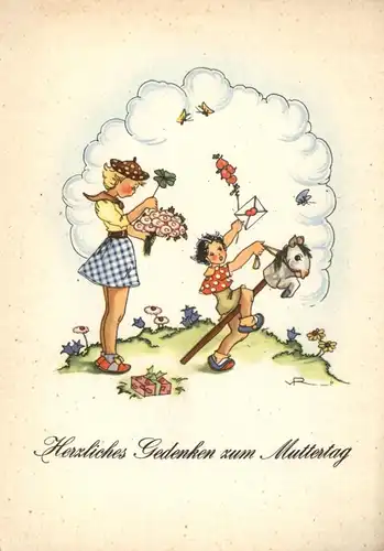 KINDER - Muttertagskarte, Kinder mit Blumenstrauß und Steckenpferd