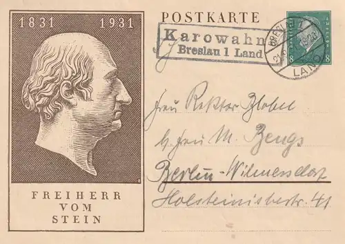 NIEDER - SCHLESIEN - ROTHSÜRBEN - KAROWAHNE / GMINA ZORAWINA, Landpoststempel Karowahne über Breslau, 1931