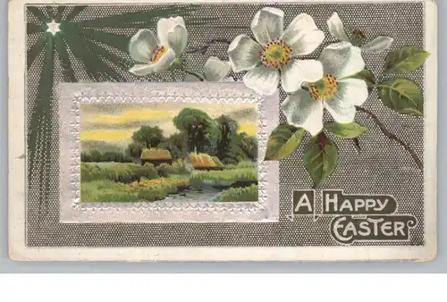 OSTERN - Bauernhäuser am Bach, geprägte Blumen im Ornament, 1913