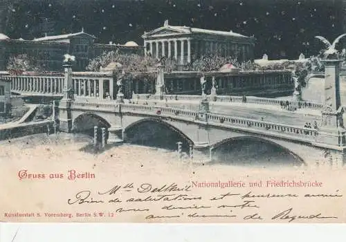 1000 BERLIN, Nationalgalerie und Friedrichsbrücke bei Nacht, Glitzer-Karte 1901