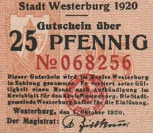 5438 WESTERBURG, Notgeld 25 Pfennig 1920