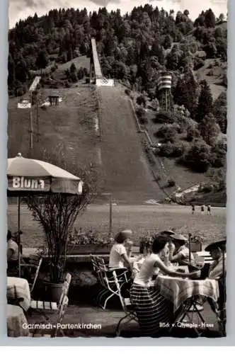 8100 GARMISCH - PARTENKIRCHEN, Cafe Olympiahaus, Blick auf die Sprungschanze