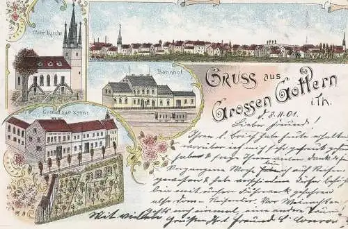 0-5702 UNSTRUT - GROSSGOTTERN, Lithographie 1901, Bahnhof, Gasthof zur Krone, Ober Kirche, Gesamtansicht