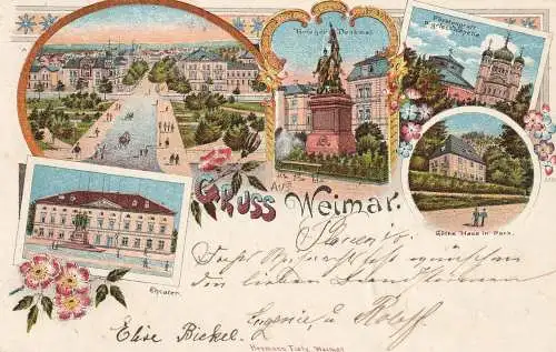 0-5300 WEIMAR, Lithographie 1900, Theater, Fürstengruft, Kriegerdenkmal, Goethe Haus, Gesamtansicht