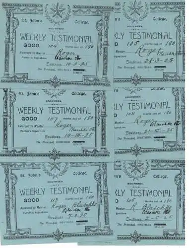 AUSWEIS / DOCUMENT - 6 weekly Testimonials, St. John's College Southsea / Portsmouth, 1925 for Otto Blaschke