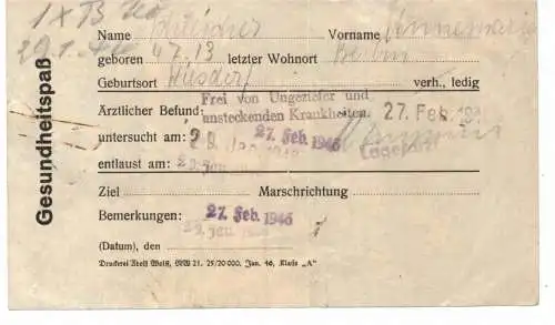 AUSWEIS / DOCUMENT - Gesundheitspass Februar 1946, Frei von Ungeziefer und anst. Krankheiten, Lev. - Wiesdorf