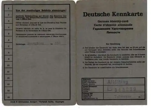 AUSWEIS / PASSPORT / CARTE D'IDENTITE, Deutsche Kennkarte, 1947 Altötting