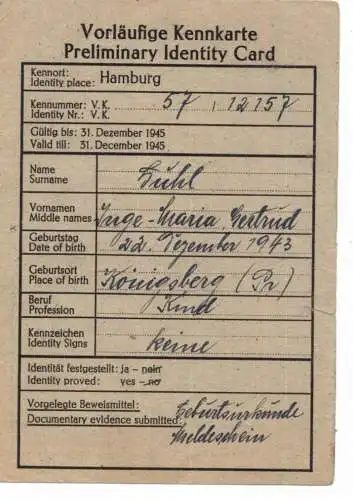 AUSWEIS / PASSPORT / CARTE D'IDENTITE, Vorläufige Meldekarte Hamburg Oktober 1945