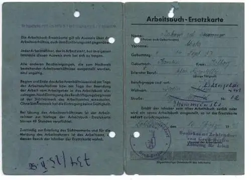 AUSWEIS / DOCUMENT - Arbeitsbuch - Ersatzkarte Berlin - Zehlendorf  1941 - 1951, u.a. Stadtförsterei Dachsberg