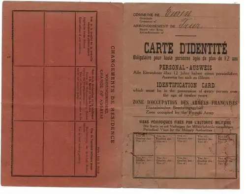 AUSWEIS / PASSPORT / CARTE D'IDENTITE, Personalausweis der franz. Besatzung, Euren-Trier 1919