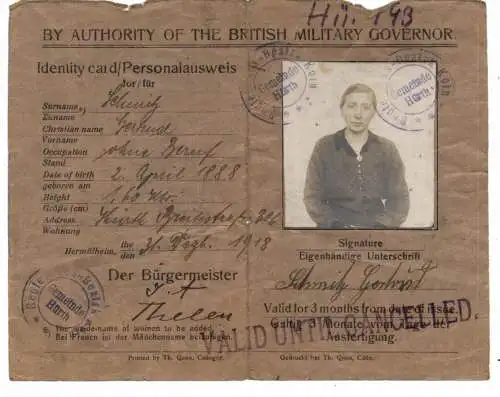 AUSWEIS / PASSPORT / CARTE D'IDENTITE, Deutscher Personalausweis, Britische Besetzung 1918, Hürth