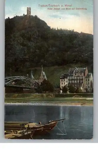 5580 TRABEN - TRARBACH, Hotel Adolph / Blick auf Gravenburg, Mosel - Frachtschiff, 1910