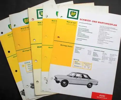 BP Schmier- und Wartungspläne für Audi-Modelle 1970 fünf Blatt (8522)