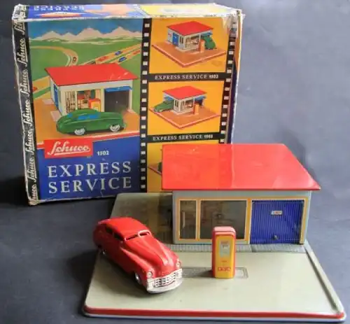 Schuco Shell-Tankstelle "Express Service" 1502 mit Fahrzeug Frictionsantrieb in Originalbox (7424)