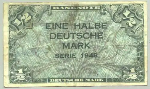 Neu : Versandkosten innerhalb Deutschland ab Euro 1,20 (R80013)  Deutschland. Halbe Deutsche Mark. Serie 1948. Original. Banknote. Geldschein. Format ca. 11 x 6,7 cm. Bitte über den Zustand selbst entscheiden, siehe bitte scan. (meine Einschätzung :...