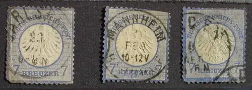 (1046003) Deutsches Reich, 3 gebrauchte Marken zu je 7 Kreuzer, gestempelt, siehe bitte Bild u. Beschreibung
