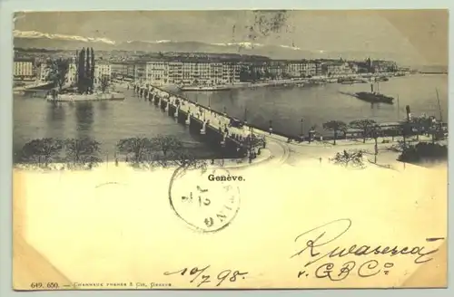 (1018440) Ansichtskarte aus der Schweiz. "Geneve". Beschrieben u. postalisch gelaufen mit Marke u. Stempel v. 1898. links oben leicht knittrig