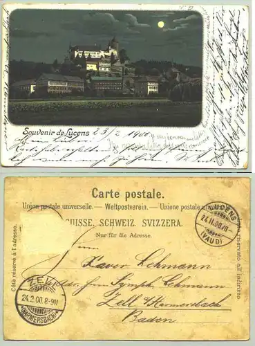 (1018474) Ansichtskarte aus der Schweiz. "Souvenir de Lucens". Beschrieben u. postalisch gelaufen (Marke etwas unsachgemaess entfernt) u. Stempel v. Lucens 1900