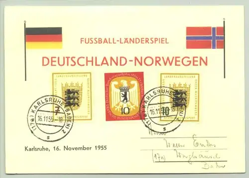 (1021048) Sonderpostkarte "Fussball-Laenderspiel Deutschland - Norwegen, KARLSRUHE 1955". Mit 3 Briefmarken nebst Stempeln vom 16. 11. 1955