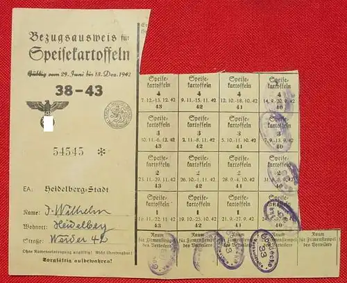 (1019932) Bezugsausweis fuer Speisekartoffeln. HEIDELBERG-Stadt. Gueltig vom 29. Juni bis 18. Dez. 1942