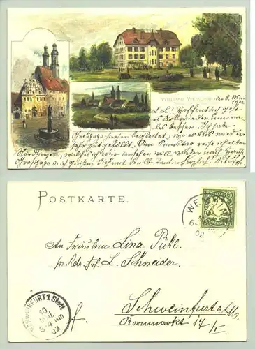 (86650-021) Ansichtskarte. "Wildbad Wemding" 3 farb. Zeichn. Beschrieben u. postalisch gelaufen mit Marke u. Stempel vom 9. 5. 1902