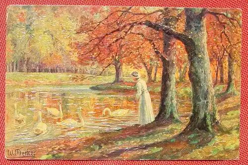(1047753) Künstlerkarte W. Merker "Schwäne". Imita No.619, 1921, leichter Prägedruck, siehe bitte Bilder