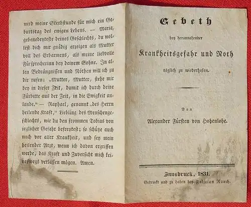 Uraltes Gebetsblaettchen "bey Krankheitsgefahr und Noth" 1831 (1038366)