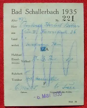 (0070084)  Kurkarte von Bad Schallerbach Nr. 221 von 1935. Ausgefuellt, Stempel v. 6. Mai 1935