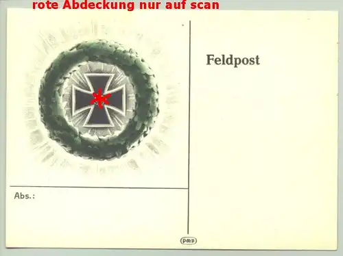 Original Feldpostkarte mit farbigem Bild eines EK mit HK umgeben von Eichenkranz, um 1940 ? (1037269)