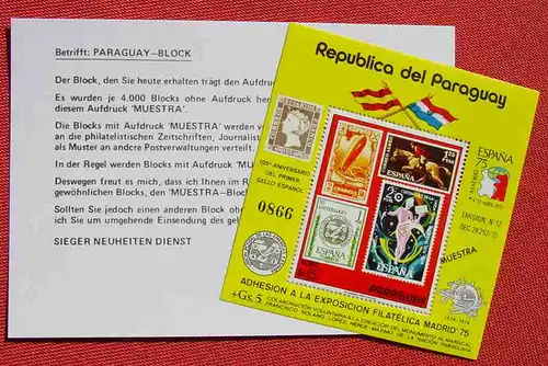 (1044522) Paraguay Blockausgabe mit Aufdruck MUESTRA. Sehr gut erhalten !