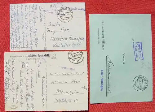 (1043615) 3 x Belege : Gebuehr bezahlt, Villingen, Schwarzwald 1945-1954, Posthilfestempel 2 x Erdmannsweiler